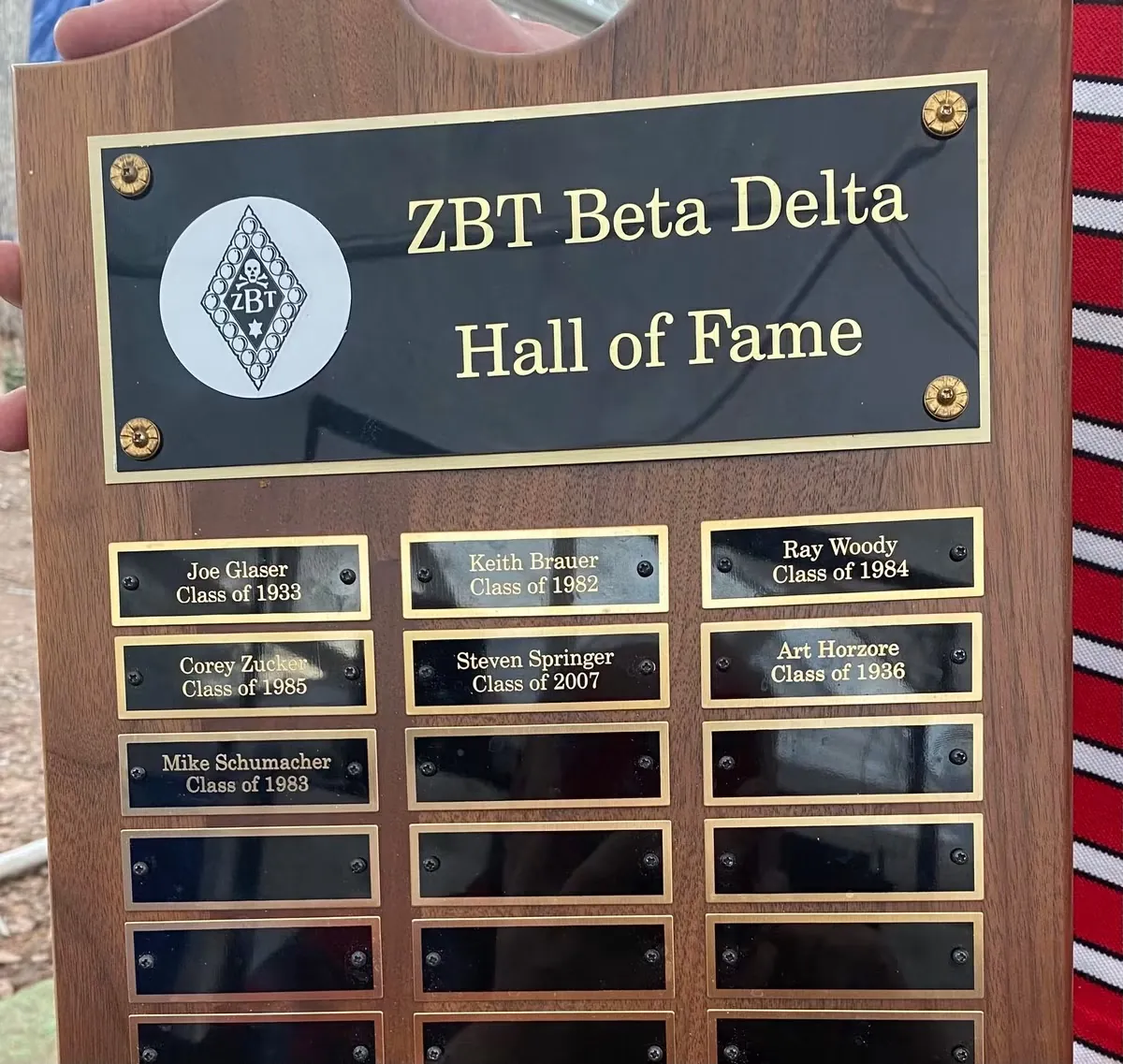ZBT Beta Delta Hall of Fame plaque
