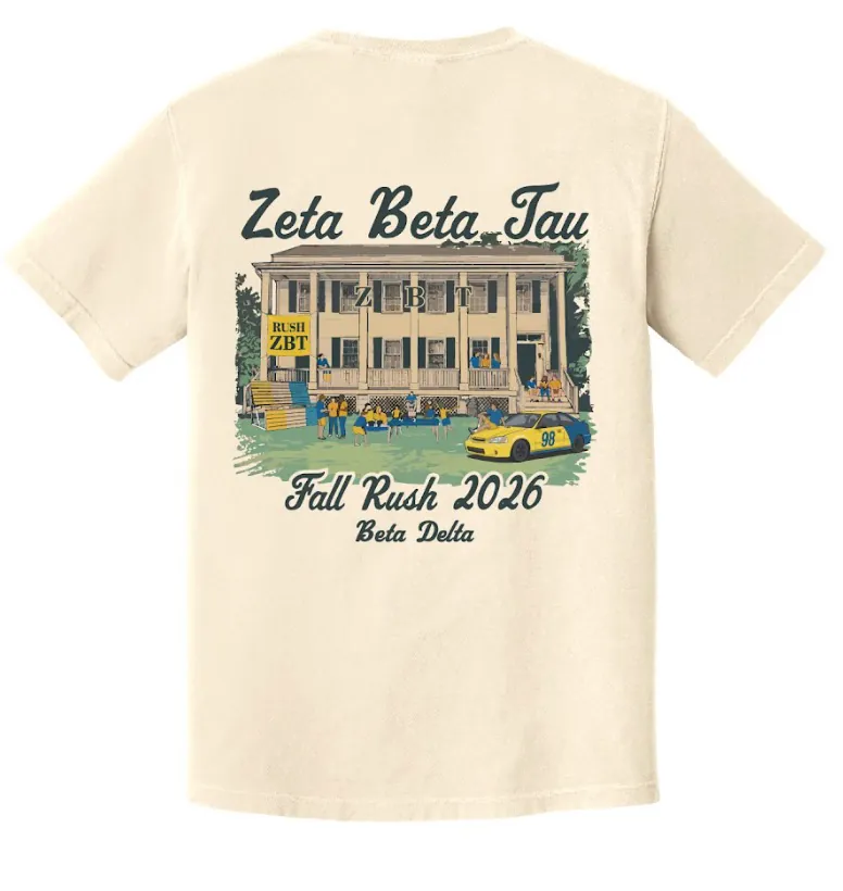 Back of the Fall Rush 2026 Beta Delta shirt featuring 106 College Avenue